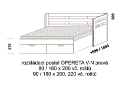 Rozkládací postel Opereta V-N pravá z masivu - rozložená. Rozměrový nákres. Do postelí lze použít systém matrací sedák a opěrák nebo 3-dílnou matraci.