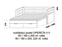 Rozkládací postel Opereta V-V z masivu - rozložená. Rozměrový nákres. Do postelí lze použít systém matrací sedák a opěrák nebo 3-dílnou matraci.