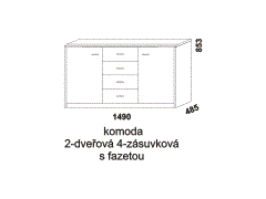 Komoda Paola 2-dveřová 4-zásuvková - rozměrový nákres. Provedení: masivní buk, dub. Více barevných odstínů. Praktická kombinace zásuvek a policových částí.