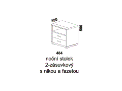 Noční stolek Paola 2-zásuvkový s nikou - rozměrový nákres. Provedení: masivní buk, dub. Více barevných odstínů. Český výrobek.