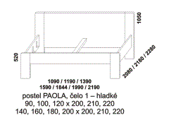 Postel Paola z masivu - rozměrový nákres. Hladké čelo. Provedení: masivní buk, dub. Ostré rohy čel s fazetou nebo oblé rohy čel bez fazety. Česká výroba.