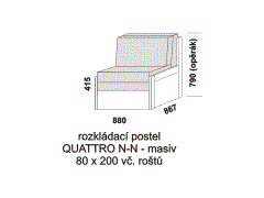 Rozkládací postel Quattro N-N z masivu - složená. Šíře 80 cm. Rozměrový nákres. Do postelí lze použít 4-dílnou matraci. Česká výroba.