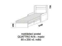 Rozkládací postel Quattro N-N z masivu - rozložená. Šíře 80 cm. Rozměrový nákres. Do postelí lze použít 4-dílnou matraci. Česká výroba.