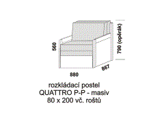 Rozkládací postel Quattro P-P z masivu - složená. Šíře 80 cm. Rozměrový nákres. Do postelí lze použít 4-dílnou matraci. Česká výroba.