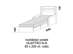 Rozkládací postel Quattro N-N - rozložená. Šíře 80 cm. Rozměrový nákres. Provedení: LTD. Do postelí lze použít 4-dílnou matraci. Česká výroba.