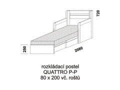 Rozkládací postel Quattro P-P - rozložená. Šíře 80 cm. Rozměrový nákres. Provedení: LTD. Do postelí lze použít 4-dílnou matraci. Česká výroba.