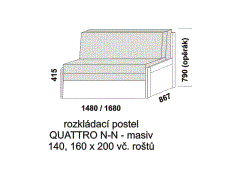 Rozkládací postel Quattro N-N z masivu - složená. Rozměrový nákres. Do postelí lze použít 4-dílnou matraci. Česká výroba.