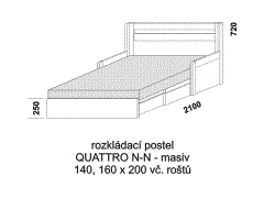 Rozkládací postel Quattro N-N z masivu - rozložená. Rozměrový nákres. Do postelí lze použít 4-dílnou matraci. Česká výroba.
