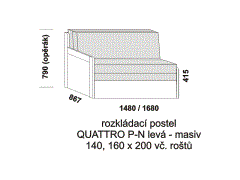 Rozkládací postel Quattro P-N levá z masivu - složená. Rozměrový nákres. Do postelí lze použít 4-dílnou matraci. Česká výroba.