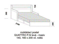 Rozkládací postel Quattro P-N levá z masivu - rozložená. Rozměrový nákres. Do postelí lze použít 4-dílnou matraci. Česká výroba.
