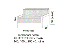 Rozkládací postel Quattro P-P z masivu - složená. Rozměrový nákres. Do postelí lze použít 4-dílnou matraci. Česká výroba.