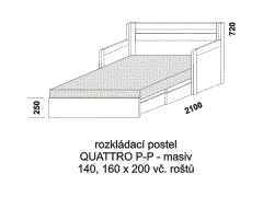 Rozkládací postel Quattro P-P z masivu - rozložená. Rozměrový nákres. Do postelí lze použít 4-dílnou matraci. Česká výroba.