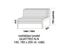 Rozkládací postel Quattro N-N - složená. Rozměrový nákres. Provedení: LTD. Do postelí lze použít 4-dílnou matraci. Česká výroba.