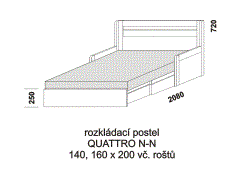 Rozkládací postel Quattro N-N - rozložená. Rozměrový nákres. Provedení: LTD. Do postelí lze použít 4-dílnou matraci. Česká výroba.
