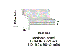 Rozkládací postel Quattro P-N levá - složená. Rozměrový nákres. Provedení: LTD. Do postelí lze použít 4-dílnou matraci. Česká výroba.