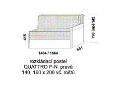 Rozkládací postel Quattro P-N pravá - složená. Rozměrový nákres. Provedení: LTD. Do postelí lze použít 4-dílnou matraci. Česká výroba.