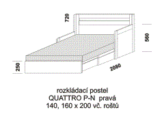 Rozkládací postel Quattro P-N pravá - rozložená. Rozměrový nákres. Provedení: LTD. Do postelí lze použít 4-dílnou matraci. Česká výroba.