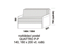 Rozkládací postel Quattro P-P - složená. Rozměrový nákres. Provedení: LTD. Do postelí lze použít 4-dílnou matraci. Česká výroba.