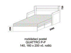 Rozkládací postel Quattro P-P - rozložená. Rozměrový nákres. Provedení: LTD. Do postelí lze použít 4-dílnou matraci. Česká výroba.
