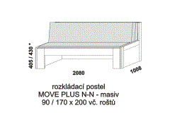 Rozkládací postel Move Plus N-N z masivu - složená. Rozměrový nákres. Do postelí lze použít systém matrací sedák a opěrák nebo 3-dílnou matraci.