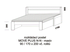 Rozkládací postel Move Plus N-N z masivu - rozložená. Rozměrový nákres. Do postelí lze použít systém matrací sedák a opěrák nebo 3-dílnou matraci.
