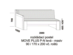 Rozkládací postel Move Plus P-N levá z masivu - složená. Rozměrový nákres. Do postelí lze použít systém matrací sedák a opěrák nebo 3-dílnou matraci.