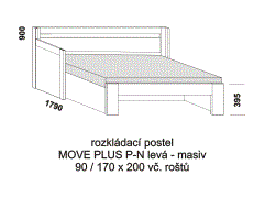 Rozkládací postel Move Plus P-N levá z masivu - rozložená. Rozměrový nákres. Do postelí lze použít systém matrací sedák a opěrák nebo 3-dílnou matraci.