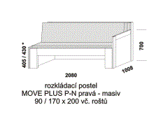 Rozkládací postel Move Plus P-N pravá z masivu - složená. Rozměrový nákres. Do postelí lze použít systém matrací sedák a opěrák nebo 3-dílnou matraci.