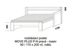 Rozkládací postel Move Plus P-N pravá z masivu - rozložená. Rozměrový nákres. Do postelí lze použít systém matrací sedák a opěrák nebo 3-dílnou matraci.