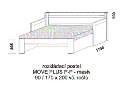 Rozkládací postel Move Plus P-P z masivu - rozložená. Rozměrový nákres. Do postelí lze použít systém matrací sedák a opěrák nebo 3-dílnou matraci.