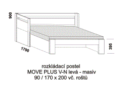 Rozkládací postel Move Plus V-N levá z masivu - rozložená. Rozměrový nákres. Do postelí lze použít systém matrací sedák a opěrák nebo 3-dílnou matraci.