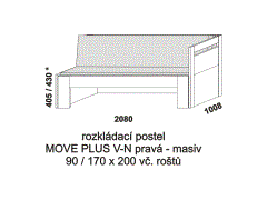 Rozkládací postel Move Plus V-N pravá z masivu - složená. Rozměrový nákres. Do postelí lze použít systém matrací sedák a opěrák nebo 3-dílnou matraci.