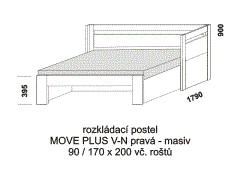 Rozkládací postel Move Plus V-N pravá z masivu - rozložená. Rozměrový nákres. Do postelí lze použít systém matrací sedák a opěrák nebo 3-dílnou matraci.