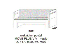 Rozkládací postel Move Plus V-V z masivu - složená. Rozměrový nákres. Do postelí lze použít systém matrací sedák a opěrák nebo 3-dílnou matraci.