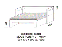 Rozkládací postel Move Plus V-V z masivu - rozložená. Rozměrový nákres. Do postelí lze použít systém matrací sedák a opěrák nebo 3-dílnou matraci.