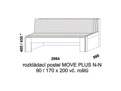 Rozkládací postel Move Plus N-N - složená. Rozměrový nákres. Provedení LTD. Do postelí lze použít systém matrací sedák a opěrák nebo 3-dílnou matraci.