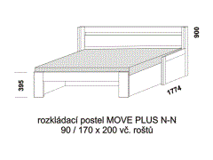 Rozkládací postel Move Plus N-N - rozložená. Rozměrový nákres. Provedení LTD. Do postelí lze použít systém matrací sedák a opěrák nebo 3-dílnou matraci.