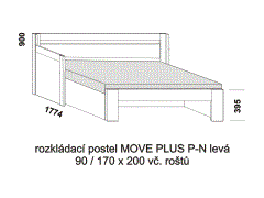 Rozkládací postel Move Plus P-N levá - rozložená. Rozměrový nákres. Provedení LTD. Do postelí lze použít systém matrací sedák a opěrák nebo 3-dílnou matraci.