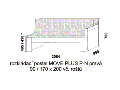 Rozkládací postel Move Plus P-N pravá - složená. Rozměrový nákres. Provedení LTD. Do postelí lze použít systém matrací sedák a opěrák nebo 3-dílnou matraci.