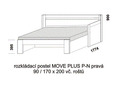 Rozkládací postel Move Plus P-N pravá - rozložená. Rozměrový nákres. Provedení LTD. Do postelí lze použít systém matrací sedák a opěrák nebo 3-dílnou matraci.