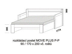 Rozkládací postel Move Plus P-P - rozložená. Rozměrový nákres. Provedení LTD. Do postelí lze použít systém matrací sedák a opěrák nebo 3-dílnou matraci.