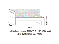 Rozkládací postel Move Plus V-N levá - složená. Rozměrový nákres. Provedení LTD. Do postelí lze použít systém matrací sedák a opěrák nebo 3-dílnou matraci.