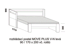 Rozkládací postel Move Plus V-N levá - rozložená. Rozměrový nákres. Provedení LTD. Do postelí lze použít systém matrací sedák a opěrák nebo 3-dílnou matraci.