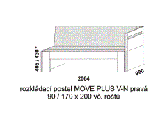 Rozkládací postel Move Plus V-N pravá - složená. Rozměrový nákres. Provedení LTD. Do postelí lze použít systém matrací sedák a opěrák nebo 3-dílnou matraci.
