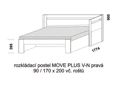 Rozkládací postel Move Plus V-N pravá - rozložená. Rozměrový nákres. Provedení LTD. Do postelí lze použít systém matrací sedák a opěrák nebo 3-dílnou matraci.
