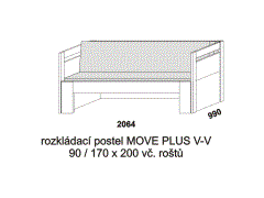 Rozkládací postel Move Plus V-V - složená. Rozměrový nákres. Provedení LTD. Do postelí lze použít systém matrací sedák a opěrák nebo 3-dílnou matraci.