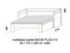 Rozkládací postel Move Plus V-V - rozložená. Rozměrový nákres. Provedení LTD. Do postelí lze použít systém matrací sedák a opěrák nebo 3-dílnou matraci.