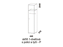 Skříň 1-dveřová s policí a tyčí, dýha, lamino - rozměrový nákres. Pravá varianta. Různé druhy barevných odstínů. Český výrobek.