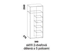 Skříň 2-dveřová dělená s 5 policemi, dýha, lamino - rozměrový nákres. Různé druhy barevných odstínů. Český výrobek.