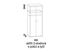 Skříň 2-dveřová s policí a tyčí, dýha, lamino - rozměrový nákres. Kvalitní zpracování. Různé druhy barevných odstínů. Český výrobek.